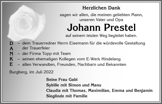 Traueranzeige von Johann Prestel von Allgäuer Anzeigeblatt