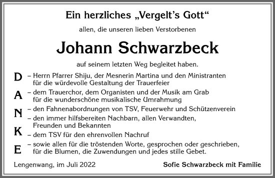 Traueranzeige von Johann Schwarzbeck von Allgäuer Zeitung, Marktoberdorf