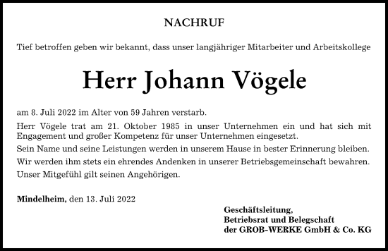 Traueranzeige von Johann Vögele von Augsburger Allgemeine, Mindelheimer Zeitung