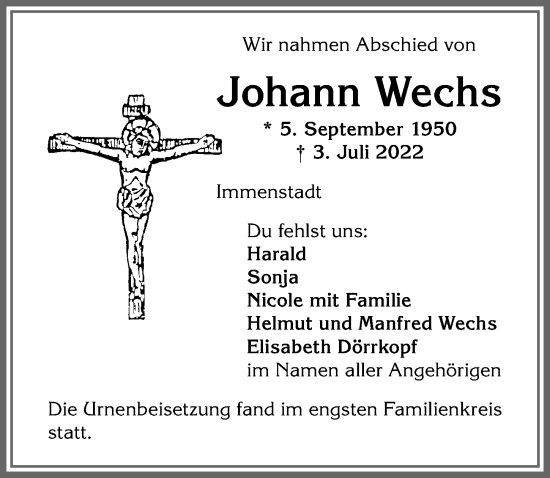 Traueranzeige von Johann Wechs von Allgäuer Anzeigeblatt
