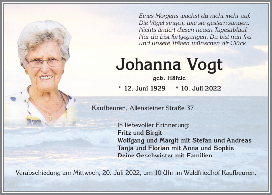 Traueranzeige von Johanna Vogt von Allgäuer Zeitung, Marktoberdorf