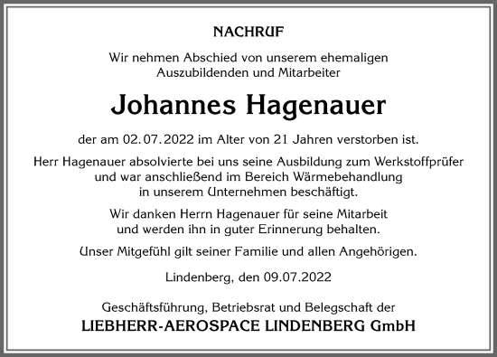 Traueranzeige von Johannes Hagenauer von Allgäuer Anzeigeblatt