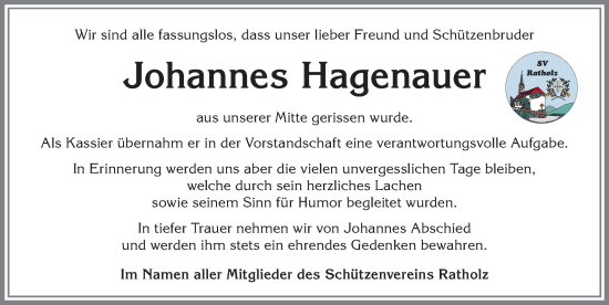 Traueranzeige von Johannes Hagenauer von Allgäuer Anzeigeblatt