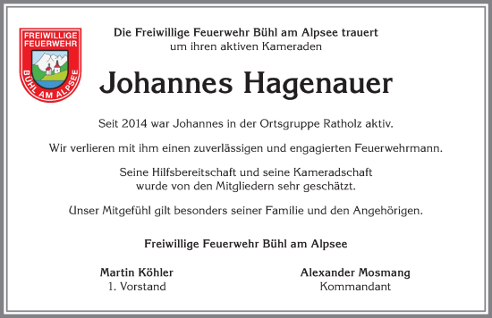 Traueranzeige von Johannes Hagenauer von Allgäuer Anzeigeblatt