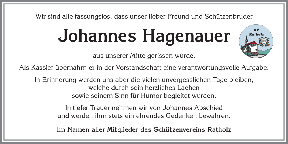  Traueranzeige für Johannes Hagenauer vom 09.07.2022 aus Allgäuer Anzeigeblatt