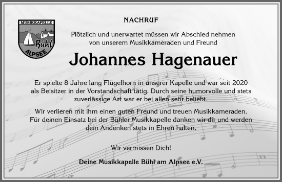 Traueranzeige von Johannes Hagenauer von Allgäuer Anzeigeblatt