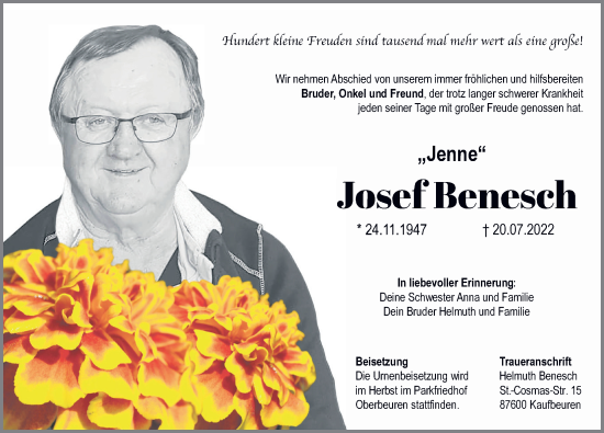 Traueranzeige von Josef Benesch von Allgäuer Zeitung, Kaufbeuren/Buchloe