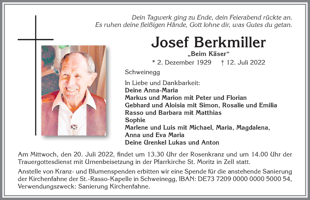  Traueranzeige für Josef Berkmiller vom 16.07.2022 aus Allgäuer Zeitung, Füssen