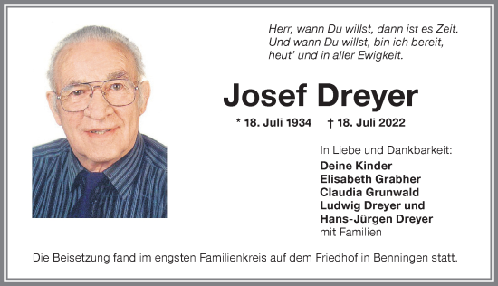 Traueranzeige von Josef Dreyer von Memminger Zeitung