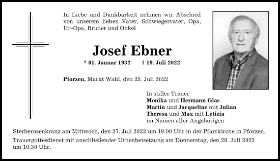 Traueranzeige von Josef Ebner von Allgäuer Zeitung, Kaufbeuren/Buchloe