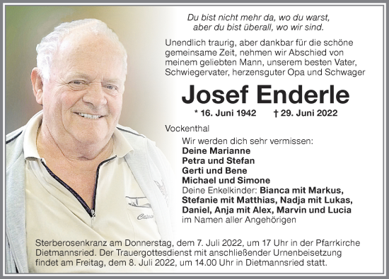 Traueranzeige von Josef Enderle von Allgäuer Zeitung,Kempten