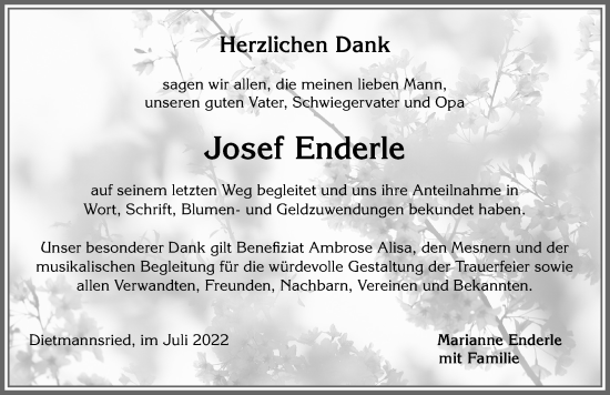 Traueranzeige von Josef Enderle von Allgäuer Zeitung,Kempten