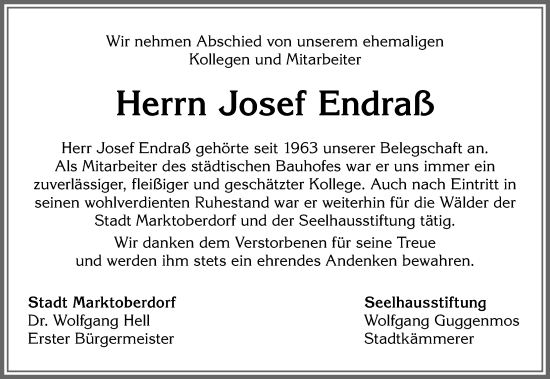 Traueranzeige von Josef Endraß von Allgäuer Zeitung, Marktoberdorf