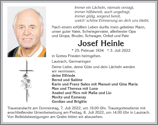 Traueranzeige von Josef Heinle von Memminger Zeitung