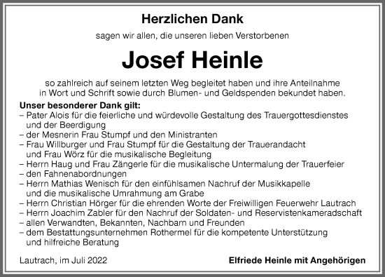 Traueranzeige von Josef Heinle von Memminger Zeitung