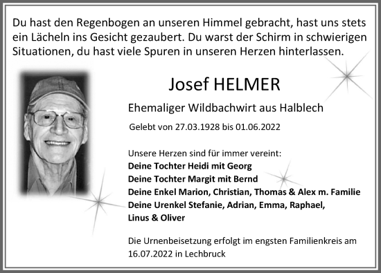 Traueranzeige von Josef Helmer von Allgäuer Zeitung, Füssen