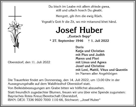 Traueranzeige von Josef Huber von Allgäuer Anzeigeblatt