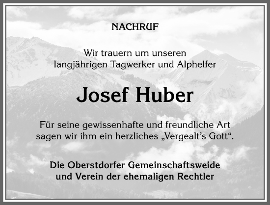 Traueranzeige von Josef Huber von Allgäuer Anzeigeblatt