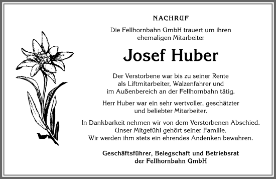 Traueranzeige von Josef Huber von Allgäuer Anzeigeblatt