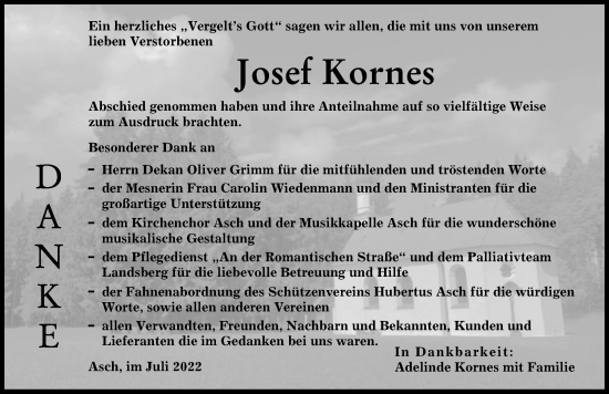 Traueranzeige von Josef Kornes von Augsburger Allgemeine, Landsberger Tagblatt