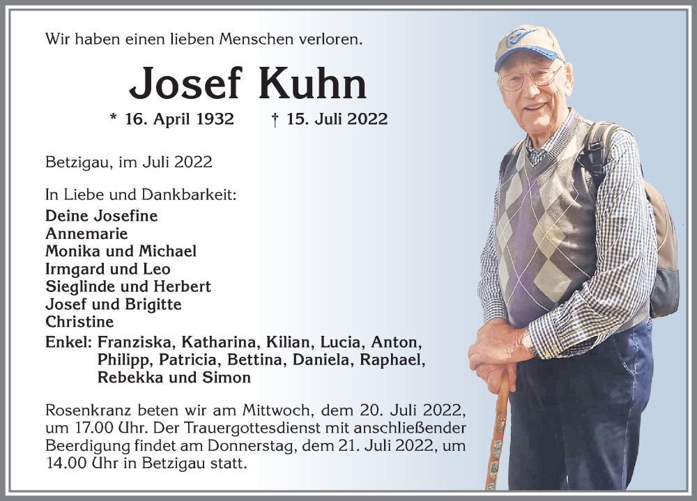  Traueranzeige für Josef Kuhn vom 19.07.2022 aus Allgäuer Zeitung,Kempten