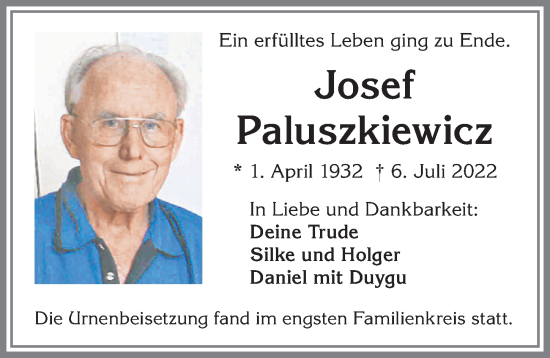Traueranzeige von Josef Paluszkiewicz von Allgäuer Zeitung,Kempten