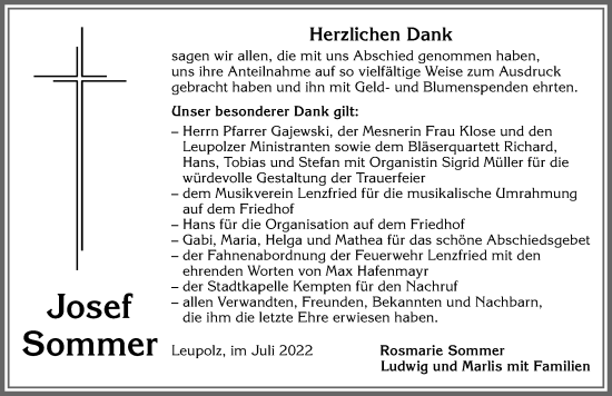 Traueranzeige von Josef Sommer von Allgäuer Zeitung,Kempten