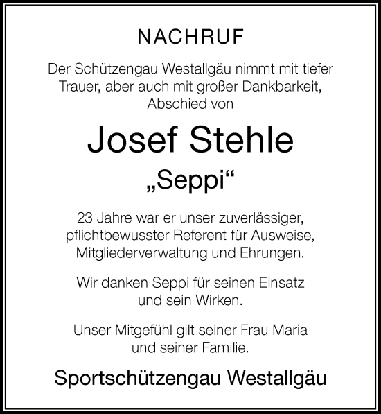 Traueranzeige von Josef Stehle von Der Westallgäuer