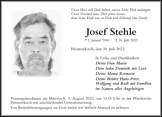 Traueranzeige von Josef Stehle von Der Westallgäuer