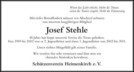 Traueranzeige von Josef Stehle von Der Westallgäuer