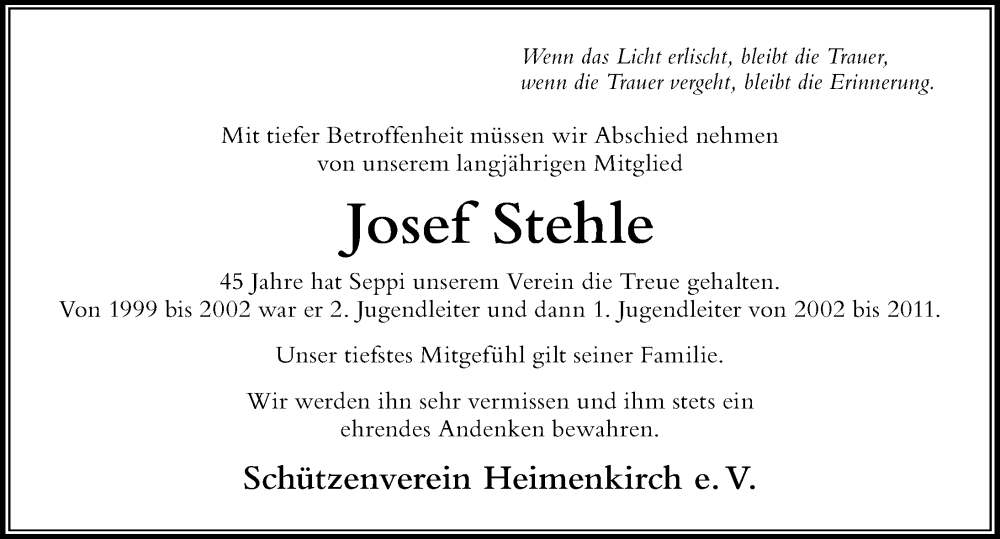  Traueranzeige für Josef Stehle vom 30.07.2022 aus Der Westallgäuer
