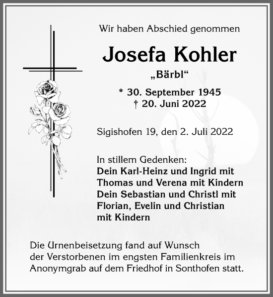 Traueranzeige von Josefa Kohler von Allgäuer Anzeigeblatt