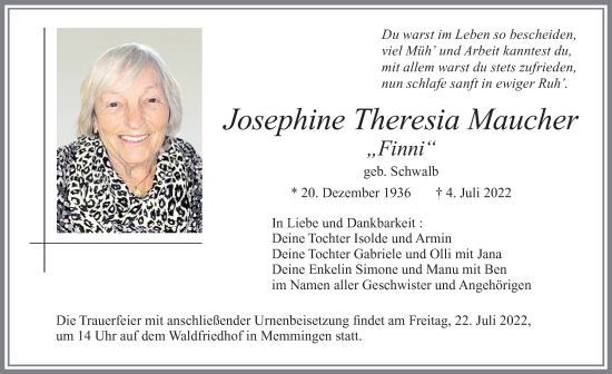 Traueranzeige von Josephine Theresia Maucher von Memminger Zeitung