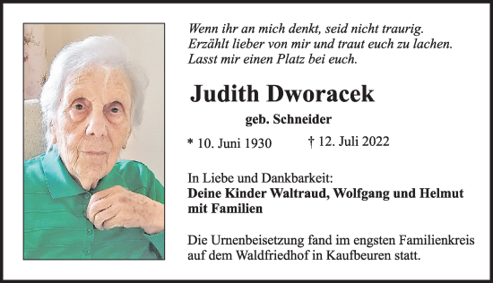Traueranzeige von Judith Dworacek von Allgäuer Zeitung, Kaufbeuren/Buchloe