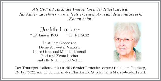 Traueranzeige von Judith Lacher von Allgäuer Zeitung, Marktoberdorf