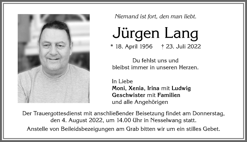  Traueranzeige für Jürgen Lang vom 30.07.2022 aus Allgäuer Zeitung, Füssen