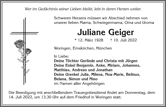 Traueranzeige von Juliane Geiger von Memminger Zeitung