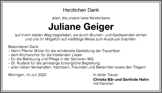 Traueranzeige von Juliane Geiger von Memminger Zeitung