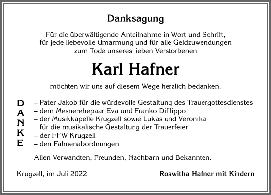 Traueranzeige von Karl Hafner von Allgäuer Zeitung,Kempten