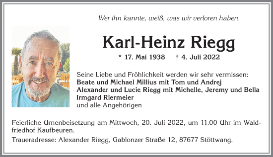 Traueranzeige von Karl-Heinz Riegg von Allgäuer Zeitung, Kaufbeuren/Buchloe
