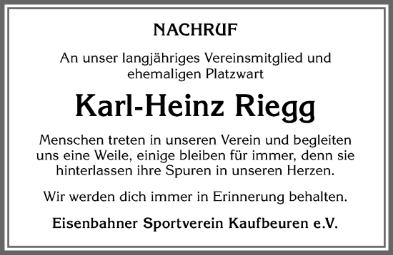 Traueranzeige von Karl-Heinz Riegg von Allgäuer Zeitung, Kaufbeuren/Buchloe