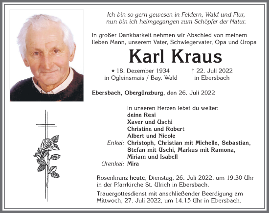 Traueranzeige von Karl Kraus von Allgäuer Zeitung, Marktoberdorf