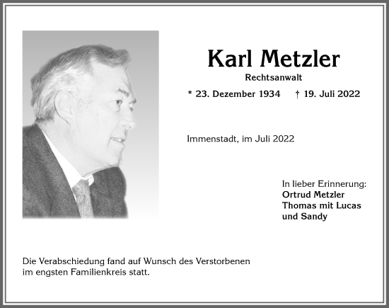 Traueranzeige von Karl Metzler von Allgäuer Anzeigeblatt