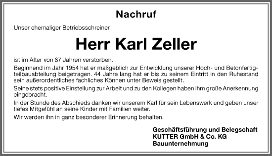 Traueranzeige von Karl Zeller von Memminger Zeitung
