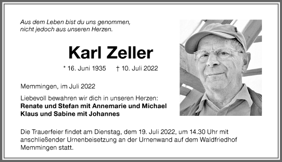 Traueranzeige von Karl Zeller von Memminger Zeitung