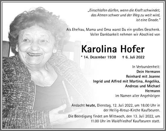Traueranzeige von Karolina Hofer von Allgäuer Zeitung, Kaufbeuren/Buchloe
