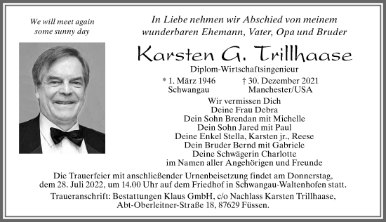 Traueranzeige von Karsten G. Trillhaase von Allgäuer Zeitung, Füssen