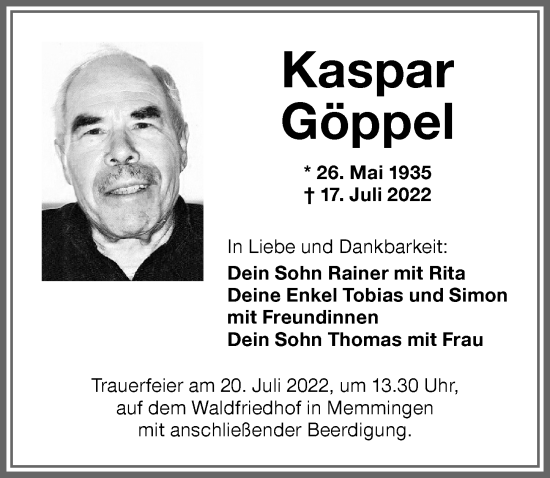 Traueranzeige von Kaspar Göppel von Memminger Zeitung