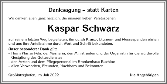 Traueranzeige von Kaspar Schwarz von Allgäuer Zeitung, Kaufbeuren/Buchloe