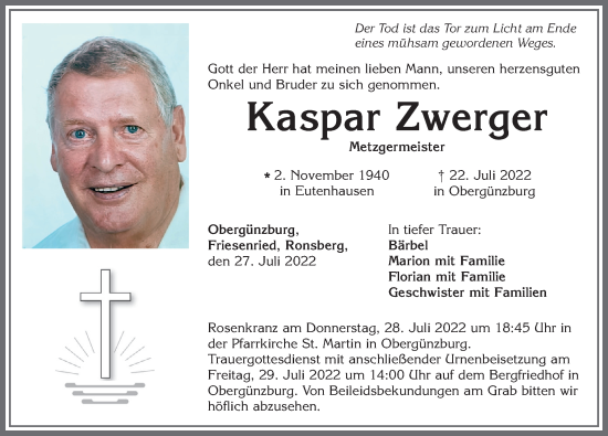 Traueranzeige von Kaspar Zwerger von Allgäuer Zeitung, Marktoberdorf